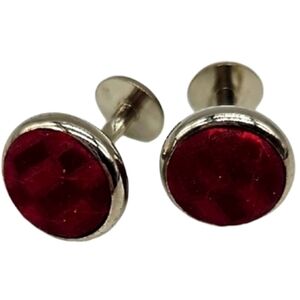 Vintage mens red & black checkered silver cufflinks